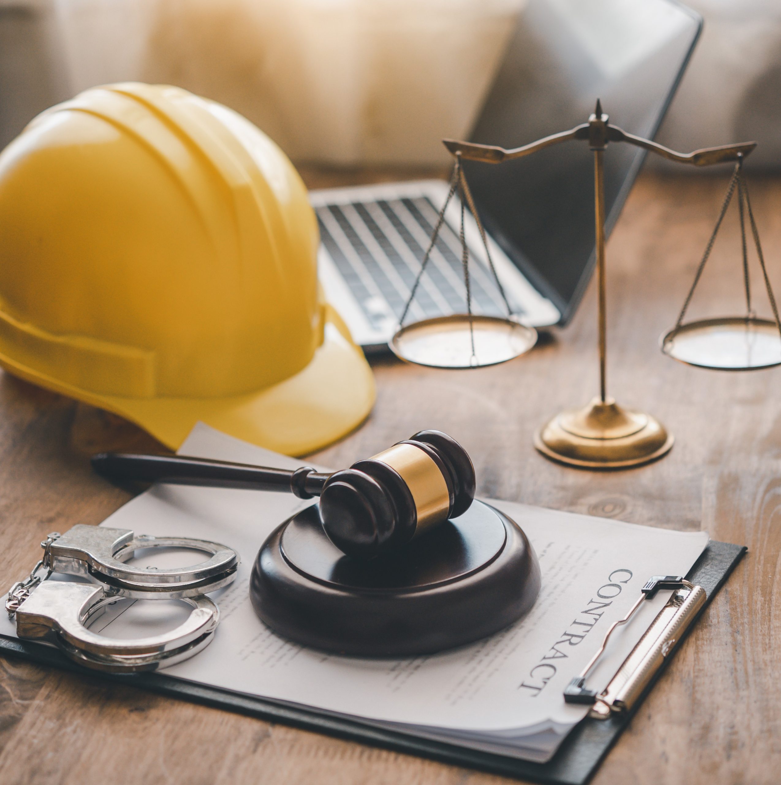Casque de chantier, balance de justice, marteau de juge et documents contractuels illustrant un litige en droit de la construction ou un contentieux lié à des travaux.
